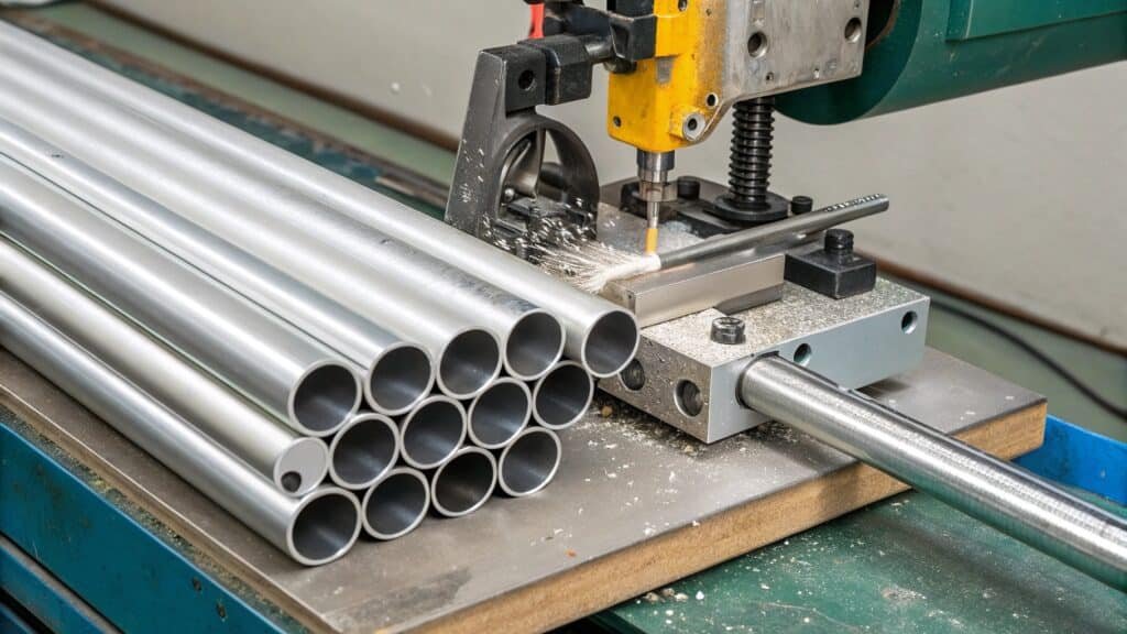 alt with keywords: person using a pipe cutter to neatly cut a round aluminum tube